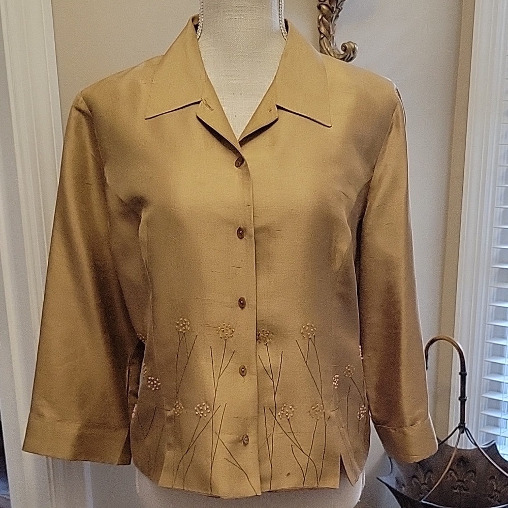 ICE Golden Tan Silk Beaded Embroidered Top Notch Collar 3/4 Sleeve Button